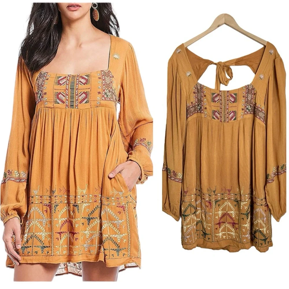 Free People Rhiannon Embroidered Mini Dress Size Large Mustard NEW